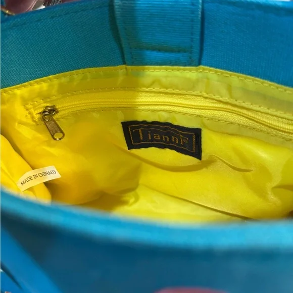 Tianni Bamboo Handle Vibrant Blue and Yellow Tote with Playful Design - Picture 8 of 10